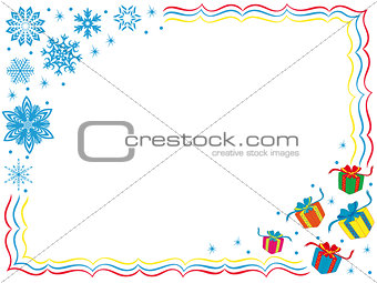 Greeting card with snowflakes and gifts