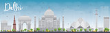 Delhi skyline with grey landmarks and blue sky