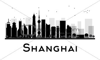 Shanghai City skyline black and white silhouette.