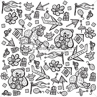 Child pattern with cute toy elements. Vector illustration. 