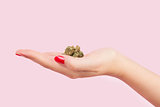 Woman holding cannabis bud.