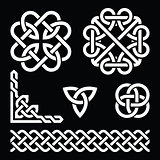 Celtic Irish knots, braids and patterns in white on black background