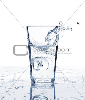 Glass of water with ice and splash