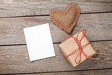 Valentines day toy heart, blank greeting card and gift box