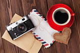Valentines day heart, camera, coffee cup and letters