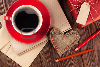 Valentines day toy heart, coffee cup and gift box