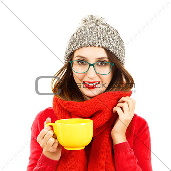 Cute Hipster Girl in Winter Clothes with Cup