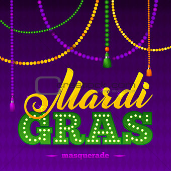 Mardi Gras Party Poster.Calligraphy and Typography Card. Beads Tassels and Fleur De Lis Symbol. Holiday poster or placard template