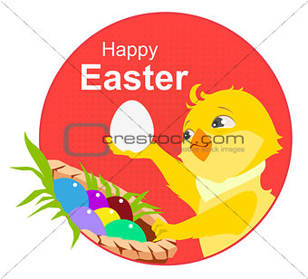 Happy easter. Yellow chicken and easter eggs