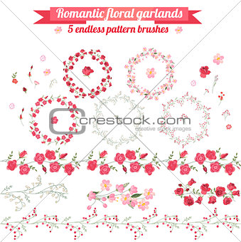 Set with detailed contour wreathes with roses and wild flowers isolated on white. Seamless horizontal pattern brushes. Round frames for your design, bridal greeting cards, wedding announcements.