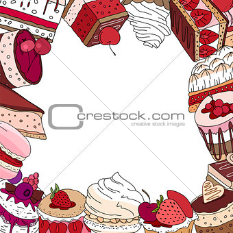 Square template with different desserts. For your design, announcements, postcards, posters, restaurant menu.
