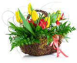 Bouquet yellow tulips basket green leaves
