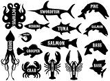 monochrome vector set of silhouettes of sea products