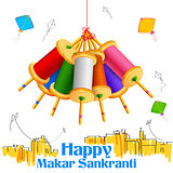 Makar Sankranti wallpaper with colorful kite string spool