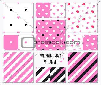 Set of pink patterns with hearts and stripes