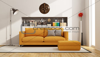 Living room with orange sofa