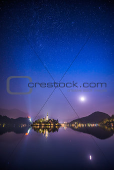 Church and Bled Castle on Bled Lake in Slovenia at Night