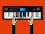 Hands playing the synthesizer. Flat design.