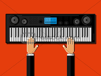 Hands playing the synthesizer. Flat design.