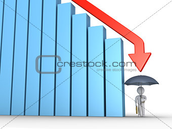 Businessman with umbrella and falling graph