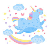 Cute Rainbow Unicorn in the Clouds. Vector Illustration.