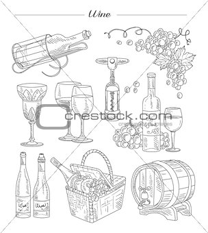 Wine and Accessories, Hand drawn Vector Set