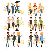 Group Cartoon Business People and Students. Vector Illustration Set