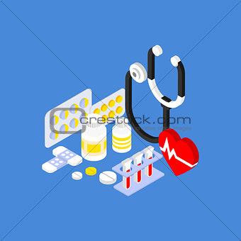 Medical Instruments and Pills Flat Isometric Illustration