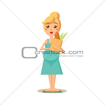 Pregnant Woman Holding a Paper Bag. Vector Illustration