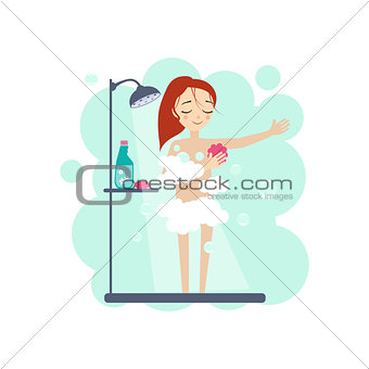 Taking a Shower. Daily Routine Activities of Women. Vector Illustration