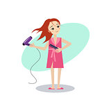 Drying Hair. Daily Routine Activities of Women. Vector Illustration