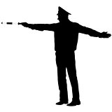 Black silhouettes  Police officer  with a rod on white backgroun