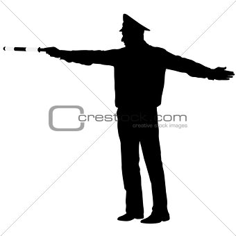 Black silhouettes  Police officer  with a rod on white backgroun