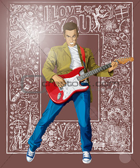 Man With The Guitar Against Love Background