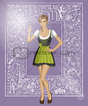 Vector Cute Woman In Drindl Against Love Background