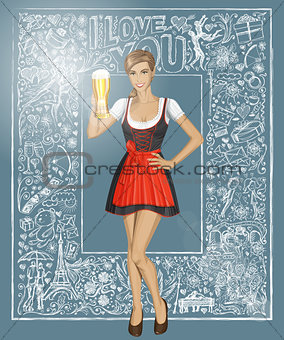 Vector Cute Woman In Drindl With Beer Against Love Background