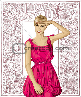 Vector Surprised Blonde in Pink Dress Against Love Background