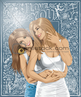 Vector Women Gay Couple Against Love Background
