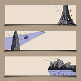 horizontal banner stylized famous city sights