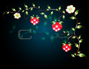Pattern of beautiful fruits flowers on a black base. EPS10 vector illustration