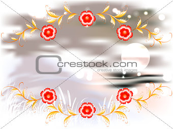 Mountains, lake and ornament on a moonlit night. EPS10 vector illustration