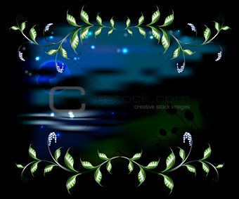 Landscape in the frame of branches with leaves. EPS10 vector illustration