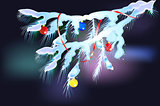 Snowy fir branches with balls and ribbon. EPS10 vector illustration