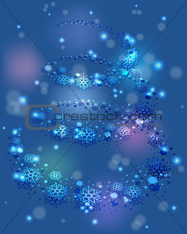 Blizzard swirls in a spiral snowflakes and festive lights on a blue base. EPS10 vector illustration