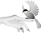 Black and white drawing, bird sits on the finder. EPS10 vector illustration