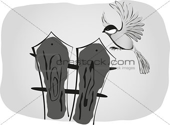 Black and white drawing, bird sits on the fence. EPS10 vector illustration