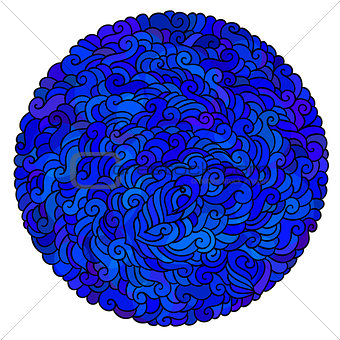 Blue ocean water swirls with watercolor effect in round shape