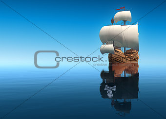 Sailing Ship And Its Reflection In The Form Of A Pirate Ship