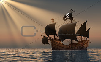 Pirate Ship In Rays Of the Sun.