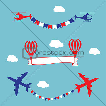 Plane, air balloons and helicopters flying with advertising banner and flags.